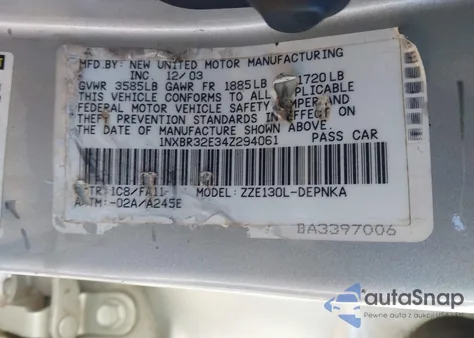 2004 Toyota Corolla Le из США, поврежденный, VIN 1NXBR32E34Z294061